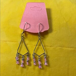 Silver-Tone Pink Beaded Triangle Dangle Earrings - Women Jewelry